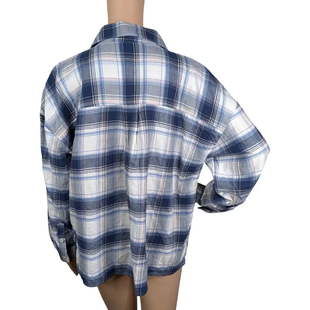 Madewell Hartfield Flannel Plaid Shirt M White Blue Peach Boxy Side Slit Button
